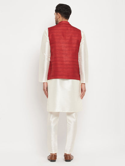 Men's Cream Silk Blend Straight Jacket  Kurta and Pyjama Set