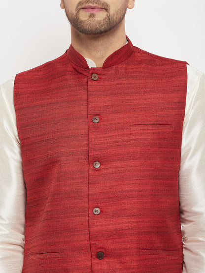 Men's Cream Silk Blend Straight Jacket  Kurta and Pyjama Set