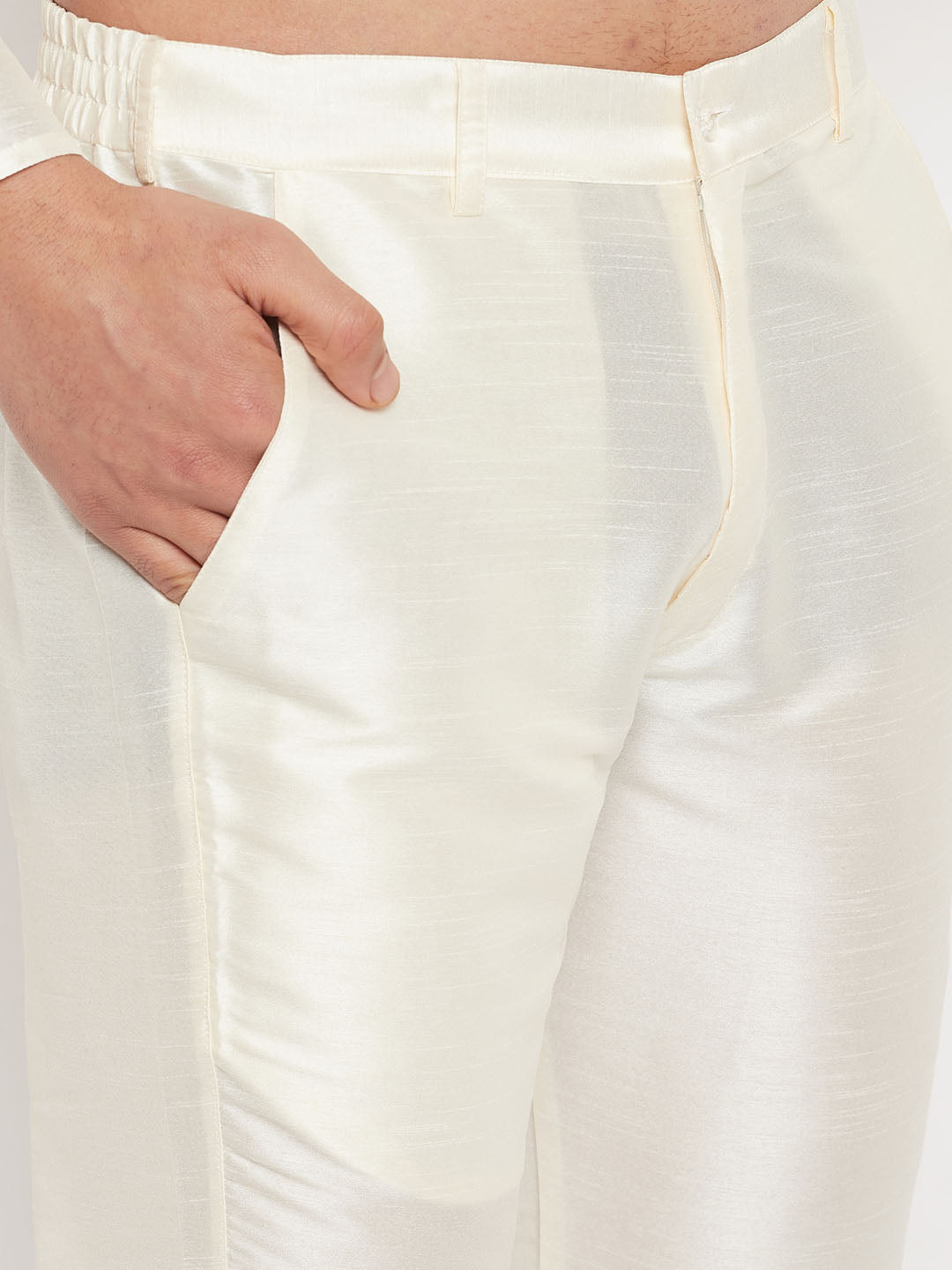 Men's Cream Silk Blend Straight Jacket  Kurta and Pyjama Set