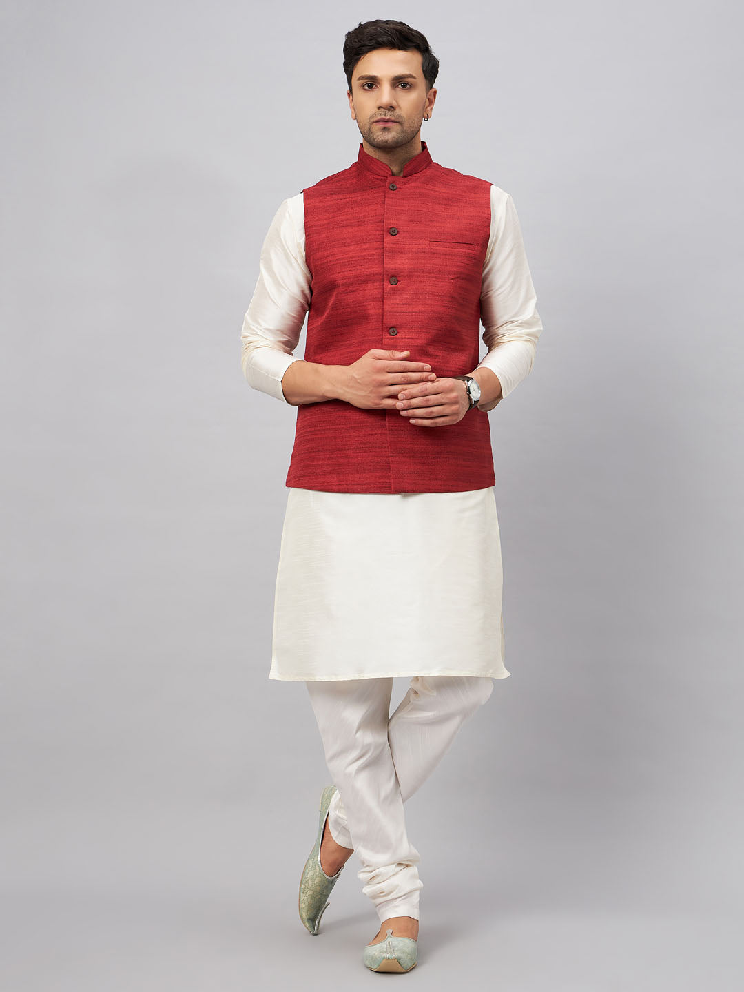 Men's Cream Silk Blend Straight Jacket  Kurta and Pyjama Set