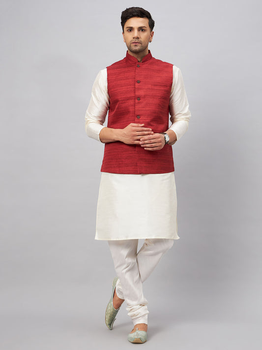 Men's Cream Silk Blend Straight Jacket  Kurta and Pyjama Set