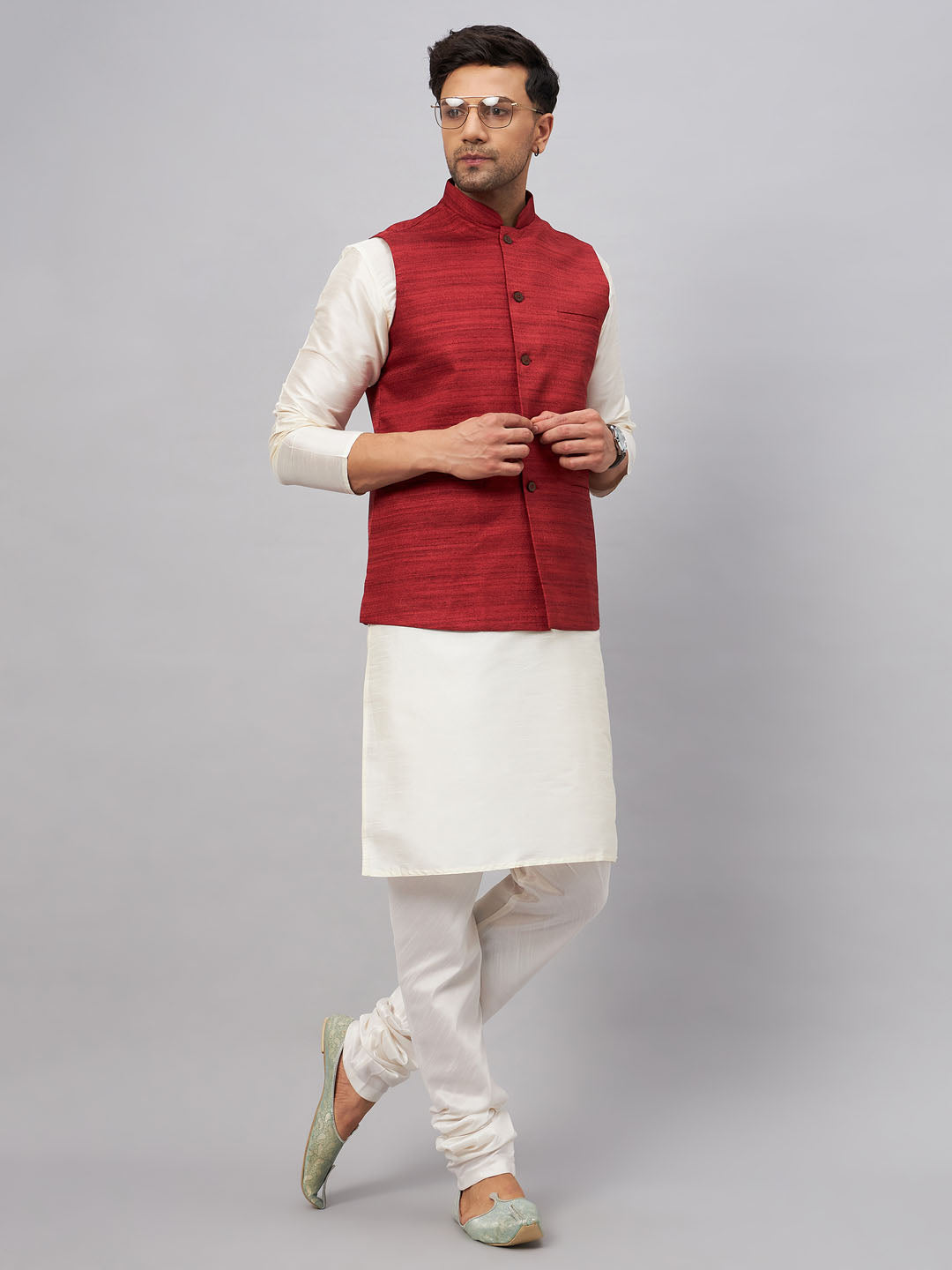 Men's Cream Silk Blend Straight Jacket  Kurta and Pyjama Set