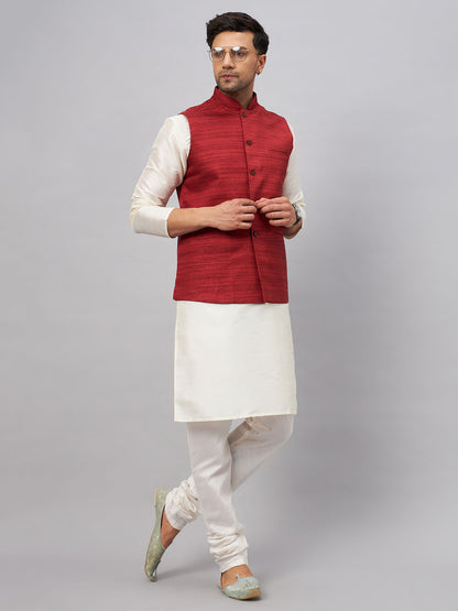Men's Cream Silk Blend Straight Jacket  Kurta and Pyjama Set