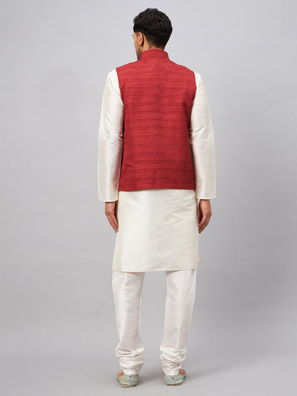 Men's Cream Silk Blend Straight Jacket  Kurta and Pyjama Set