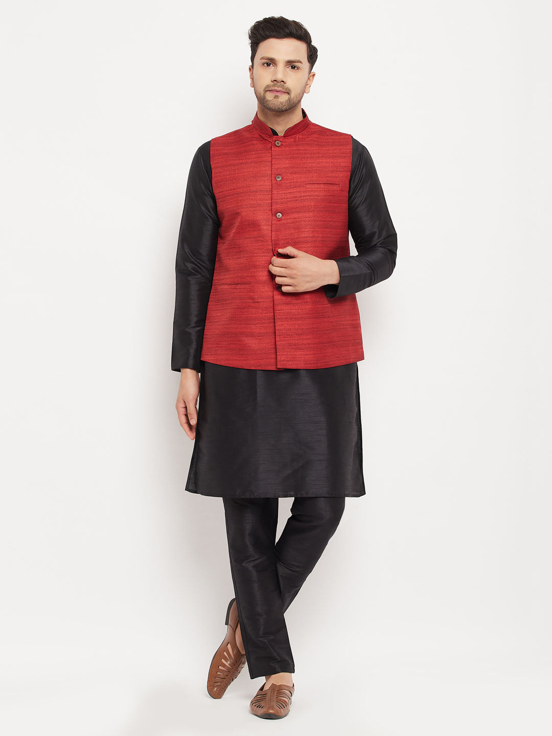 Men's Black Silk Blend Straight Jacket  Kurta and Pyjama Set