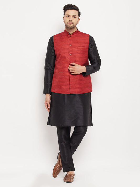 Men's Black Silk Blend Straight Jacket  Kurta and Pyjama Set
