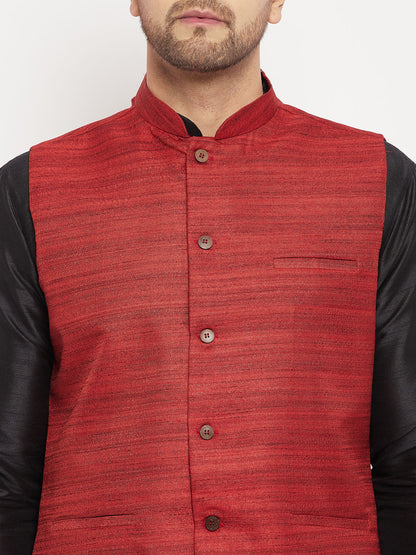 Men's Black Silk Blend Straight Jacket  Kurta and Pyjama Set