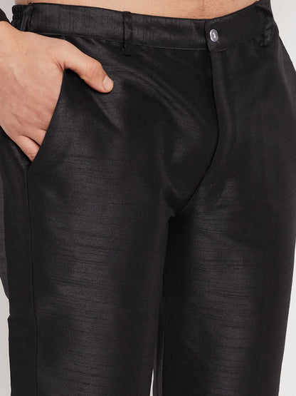 Men's Black Silk Blend Straight Jacket  Kurta and Pyjama Set