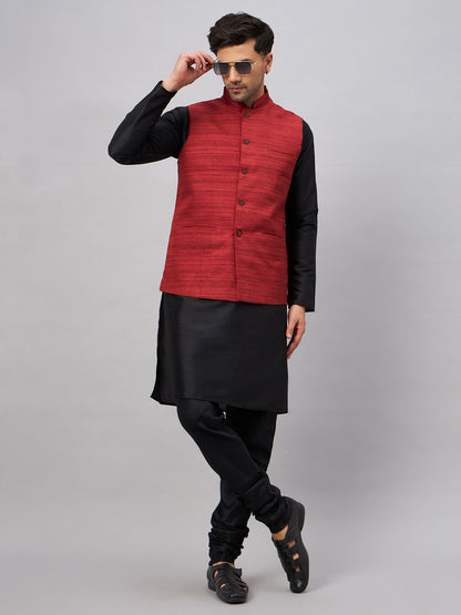 Men's Black Silk Blend Straight Jacket  Kurta and Pyjama Set