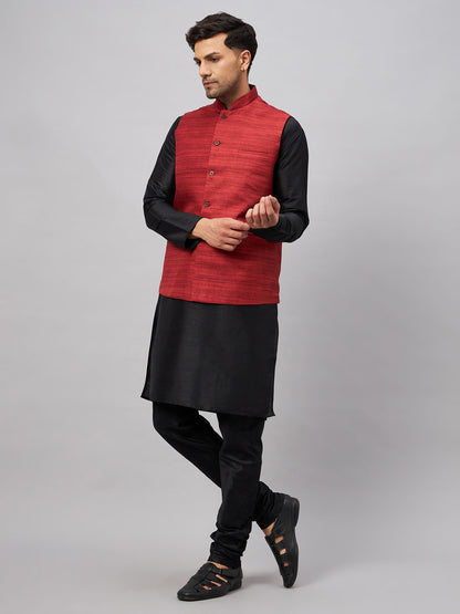 Men's Black Silk Blend Straight Jacket  Kurta and Pyjama Set