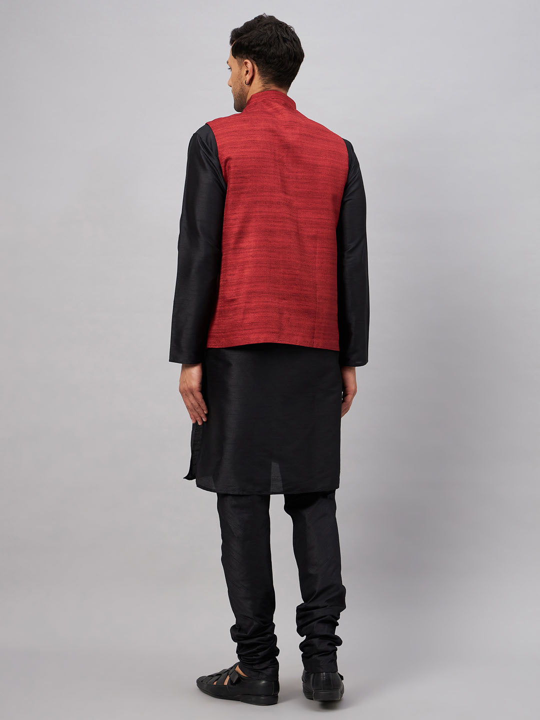 Men's Black Silk Blend Straight Jacket  Kurta and Pyjama Set