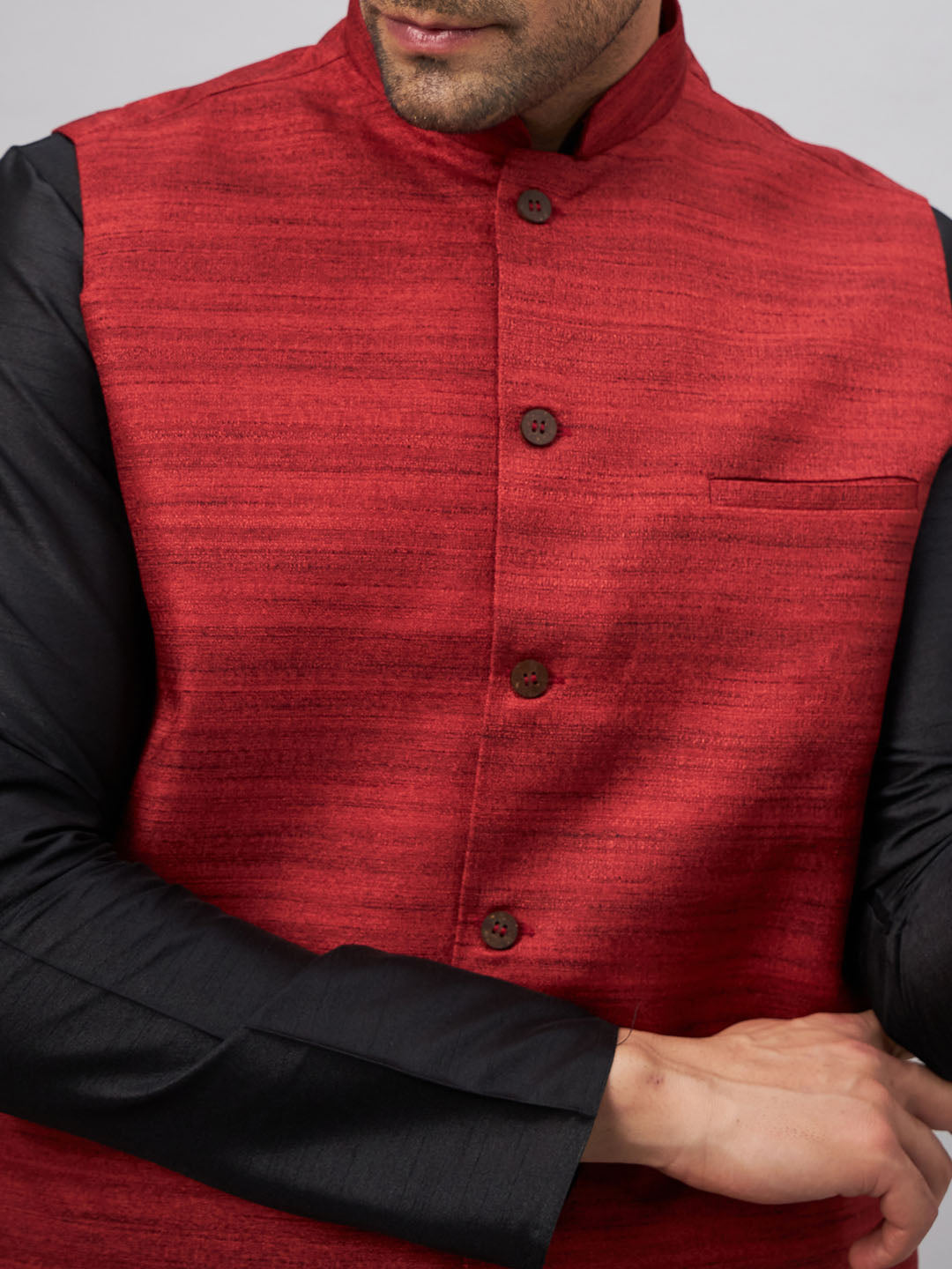 Men's Black Silk Blend Straight Jacket  Kurta and Pyjama Set