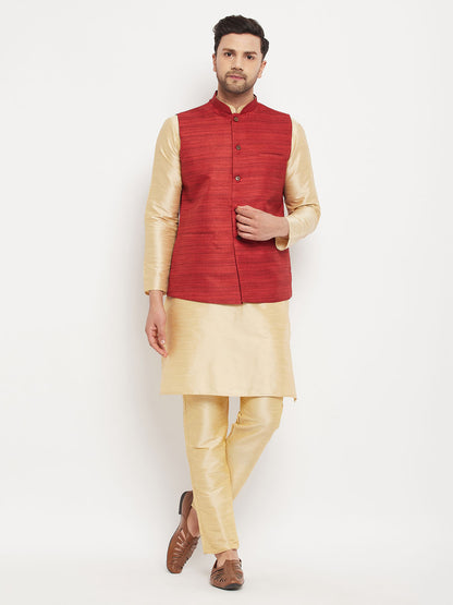 Men's Gold Silk Blend Straight Jacket  Kurta and Pyjama Set