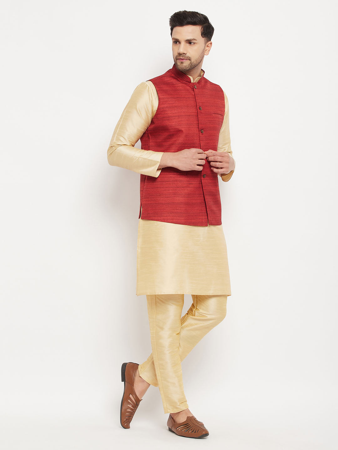 Men's Gold Silk Blend Straight Jacket  Kurta and Pyjama Set