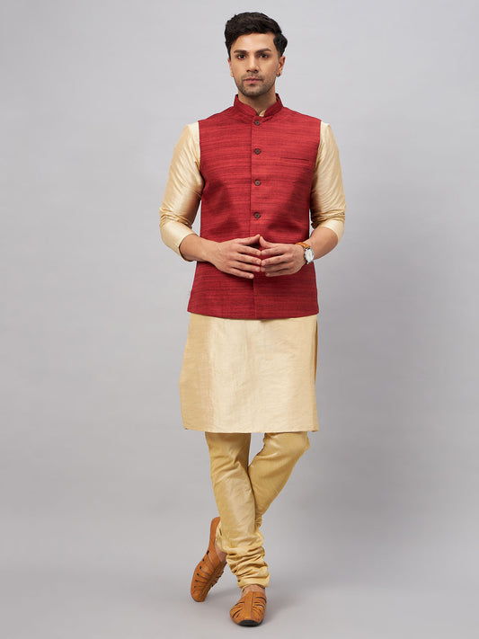 Men's Gold Silk Blend Straight Jacket  Kurta and Pyjama Set