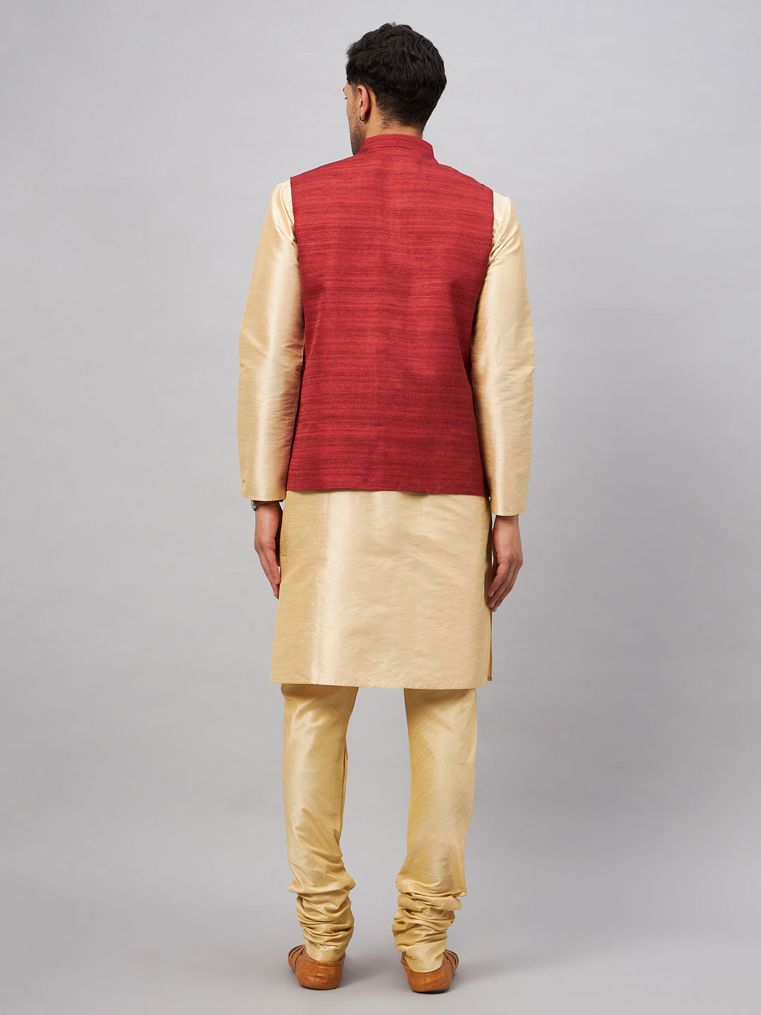 Men's Gold Silk Blend Straight Jacket  Kurta and Pyjama Set