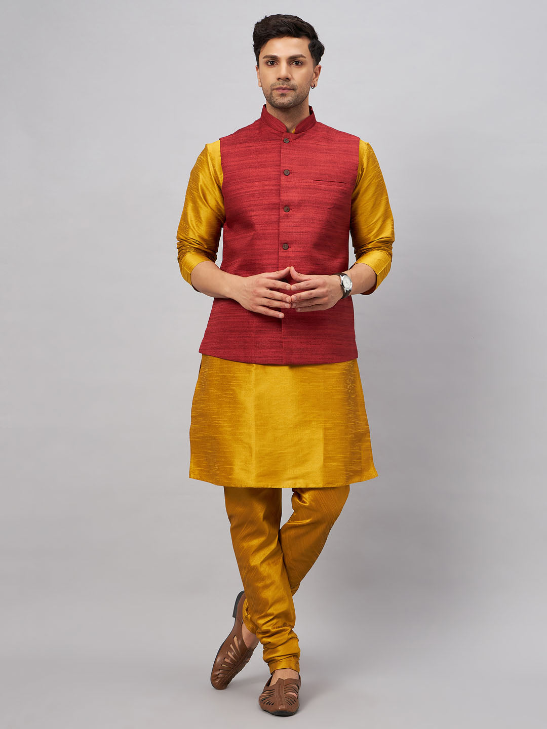 Men's Mustard Silk Blend Straight Jacket  Kurta and Pyjama Set