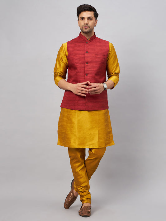 Men's Mustard Silk Blend Straight Jacket  Kurta and Pyjama Set