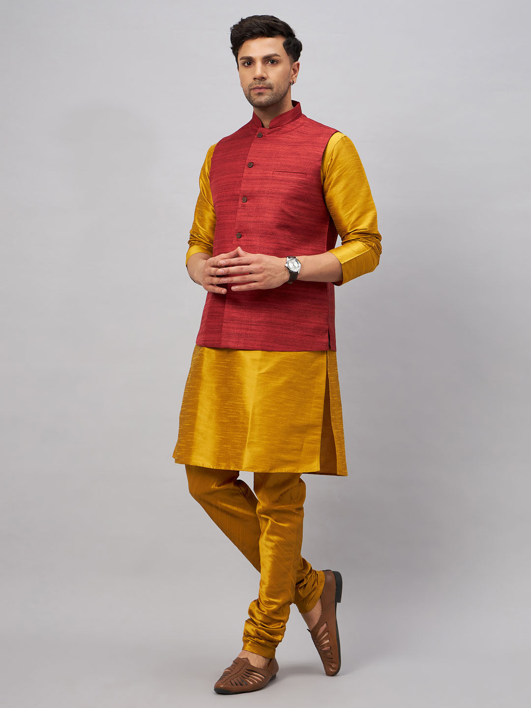 Men's Mustard Silk Blend Straight Jacket  Kurta and Pyjama Set