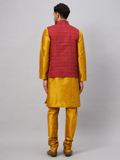 Men's Mustard Silk Blend Straight Jacket  Kurta and Pyjama Set