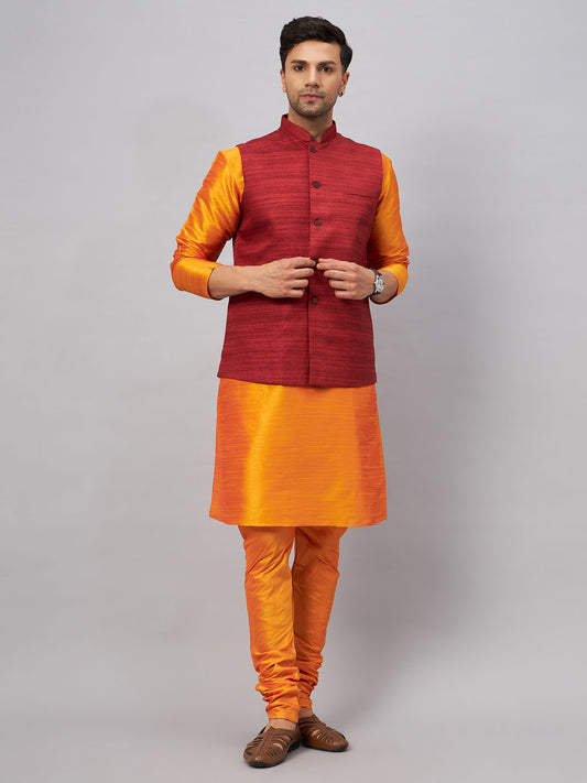 Men's Orange Silk Blend Straight Jacket  Kurta and Pyjama Set