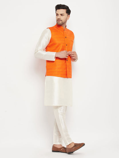 Men's Cream Silk Blend Straight Jacket  Kurta and Pyjama Set