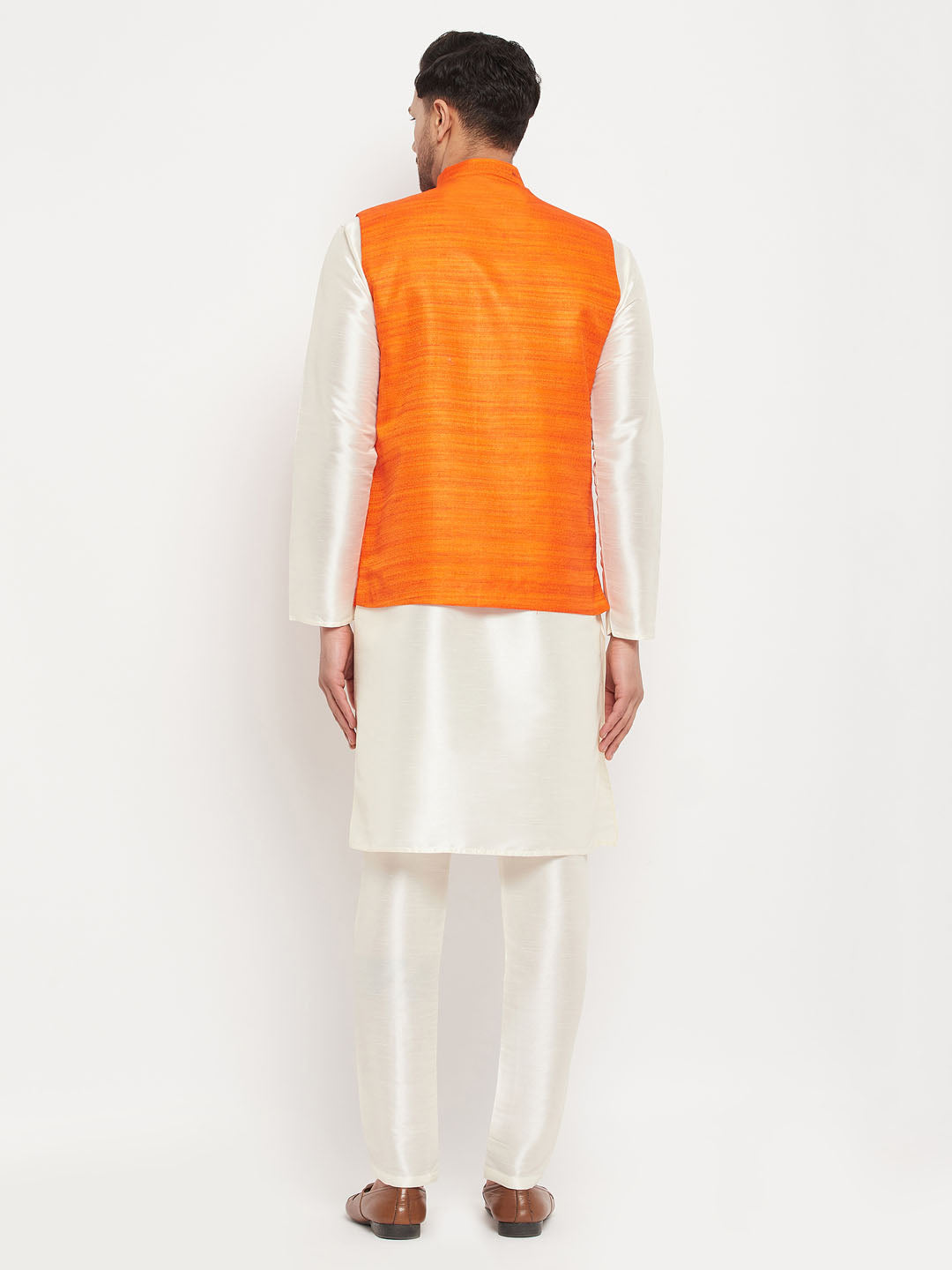 Men's Cream Silk Blend Straight Jacket  Kurta and Pyjama Set