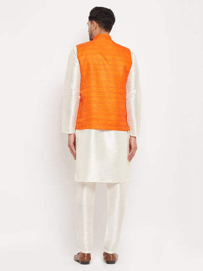 Men's Cream Silk Blend Straight Jacket  Kurta and Pyjama Set