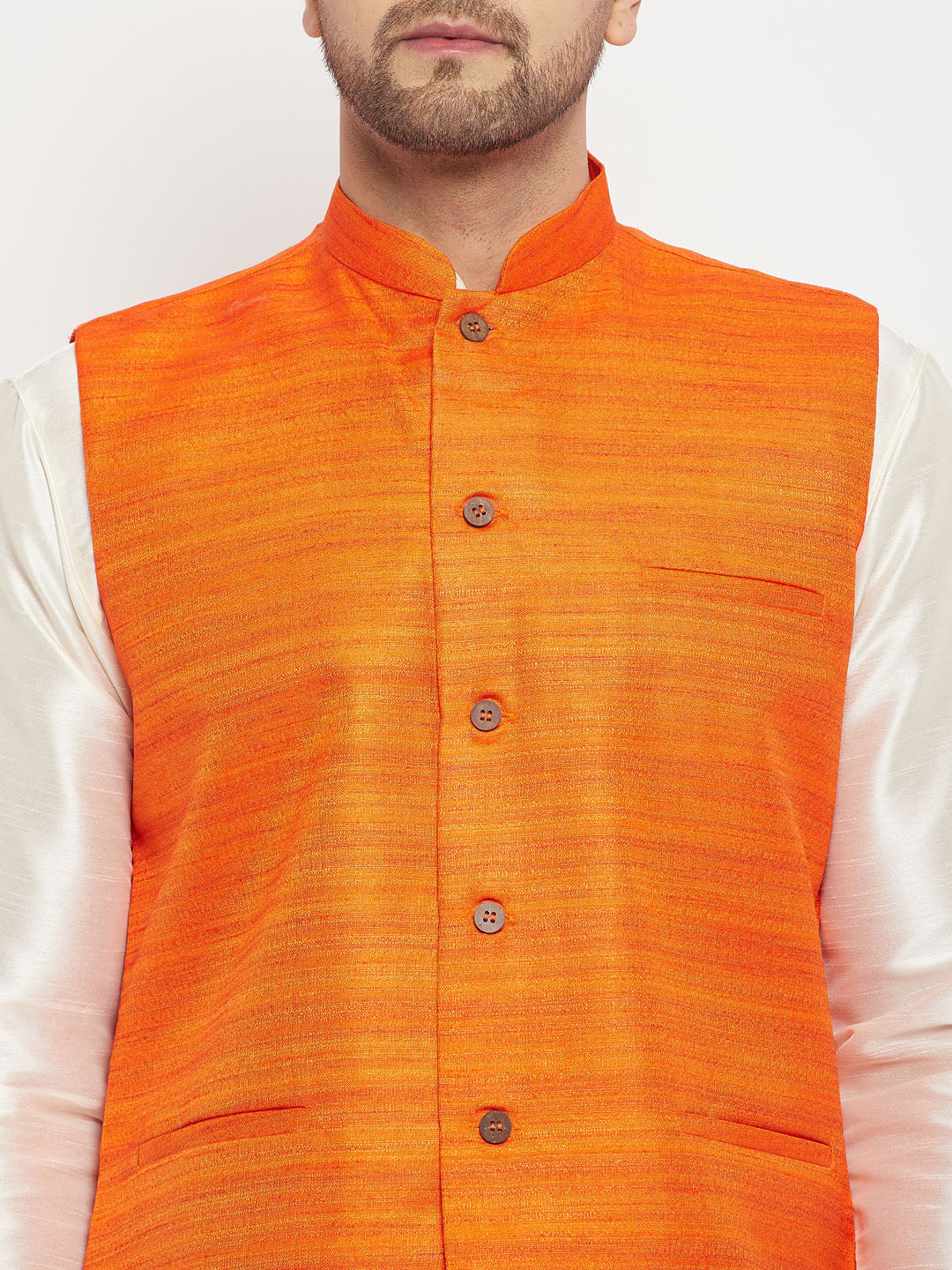 Men's Cream Silk Blend Straight Jacket  Kurta and Pyjama Set