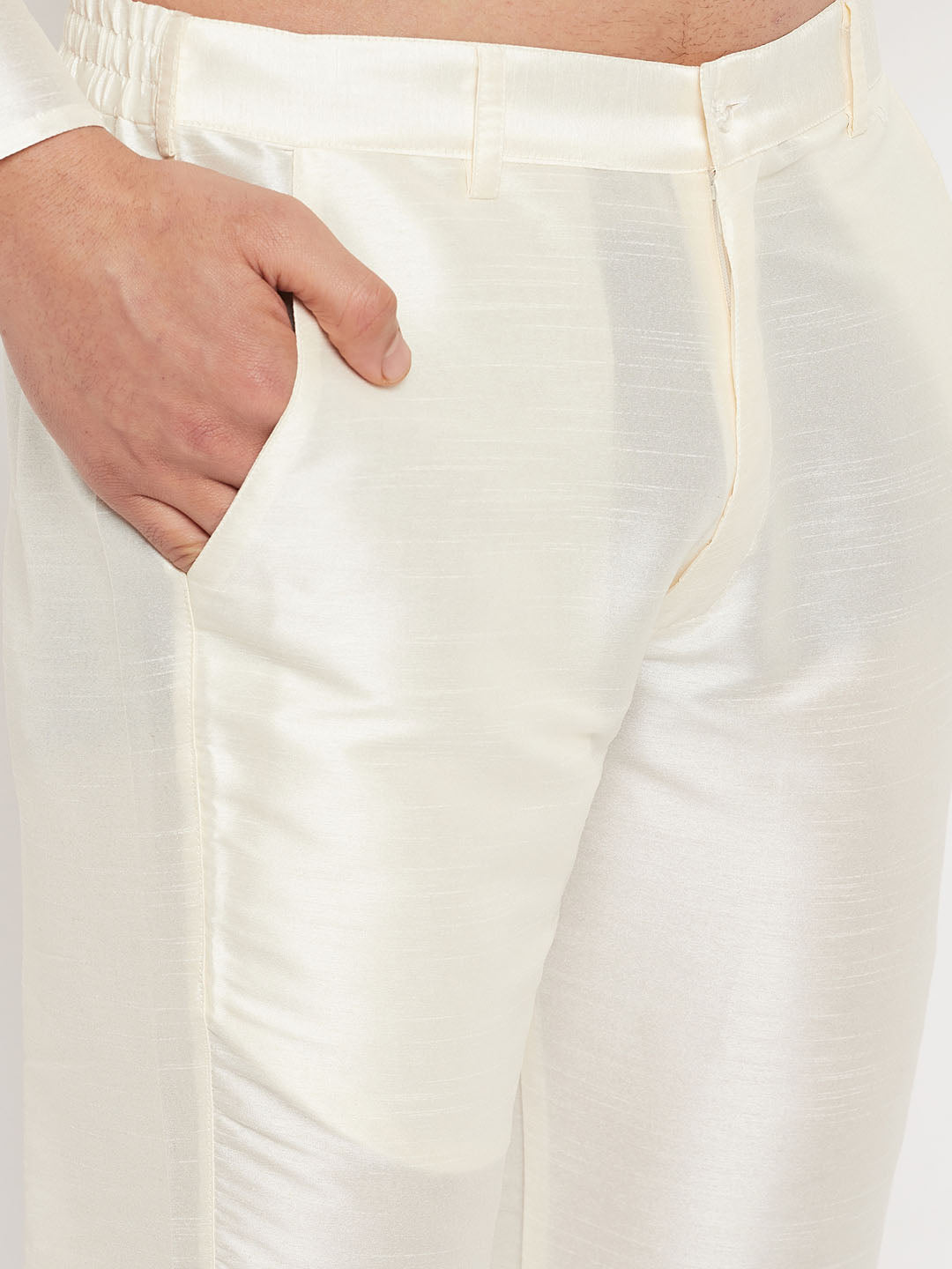 Men's Cream Silk Blend Straight Jacket  Kurta and Pyjama Set