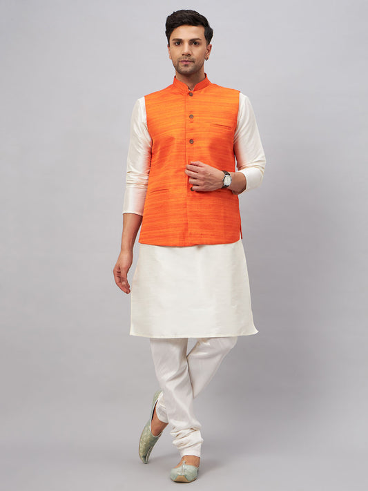 Men's Cream Silk Blend Straight Jacket  Kurta and Pyjama Set