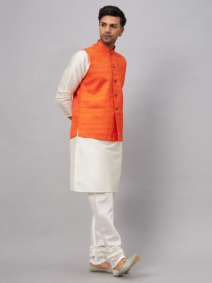 Men's Cream Silk Blend Straight Jacket  Kurta and Pyjama Set