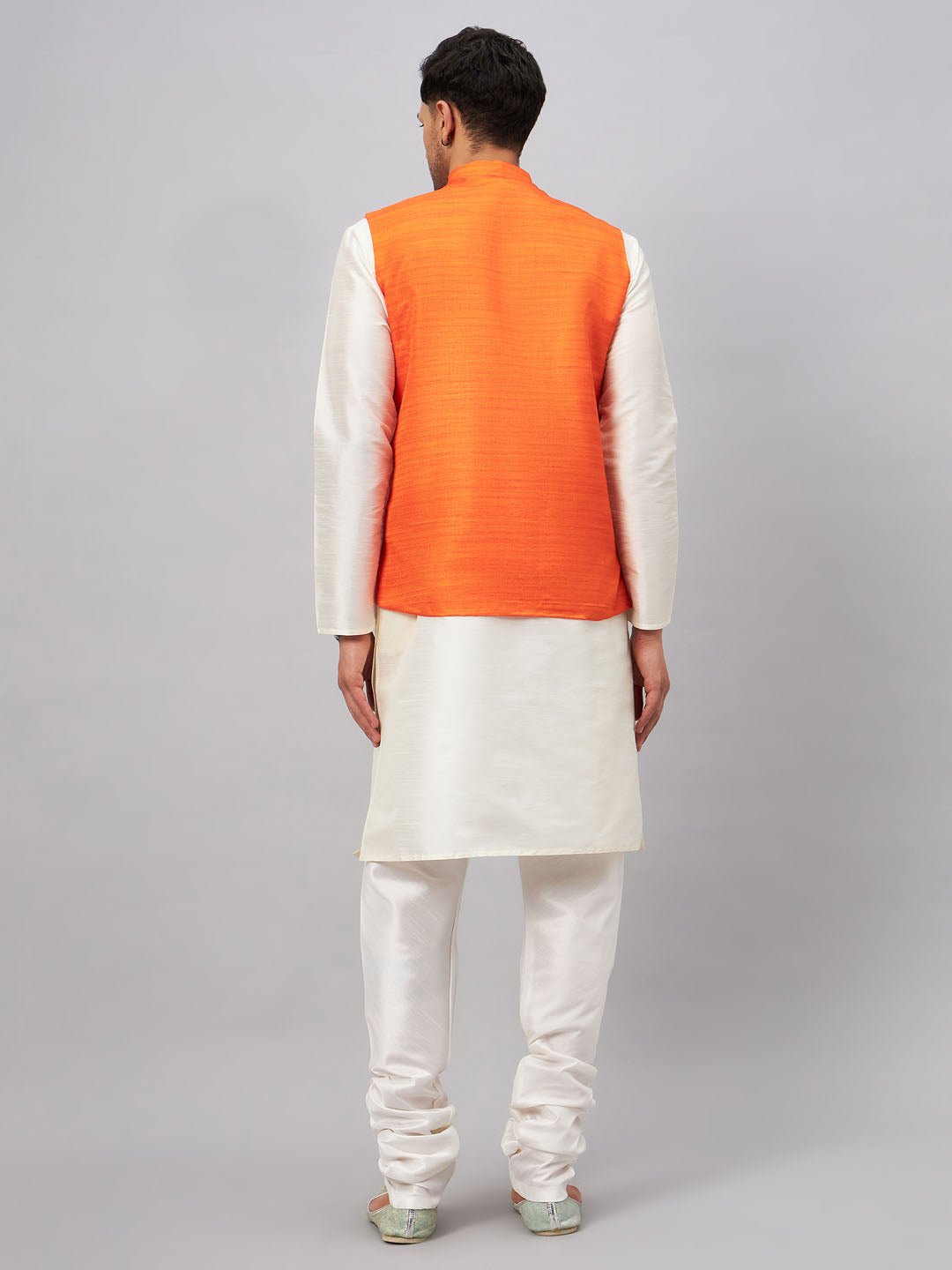 Men's Cream Silk Blend Straight Jacket  Kurta and Pyjama Set