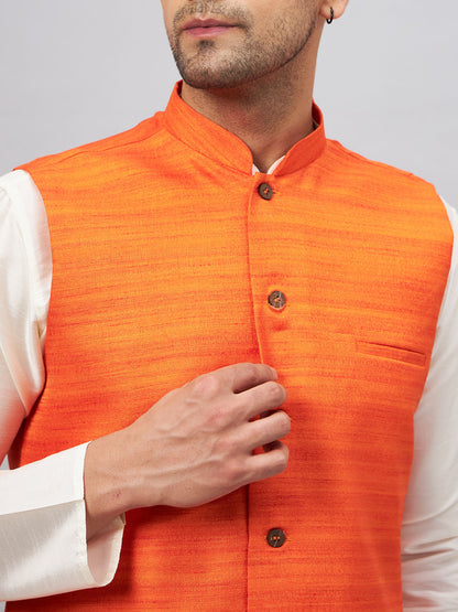 Men's Cream Silk Blend Straight Jacket  Kurta and Pyjama Set