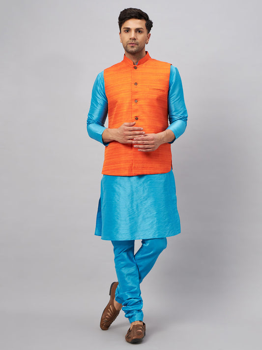 Men's Aqua Silk Blend Straight Jacket  Kurta and Pyjama Set
