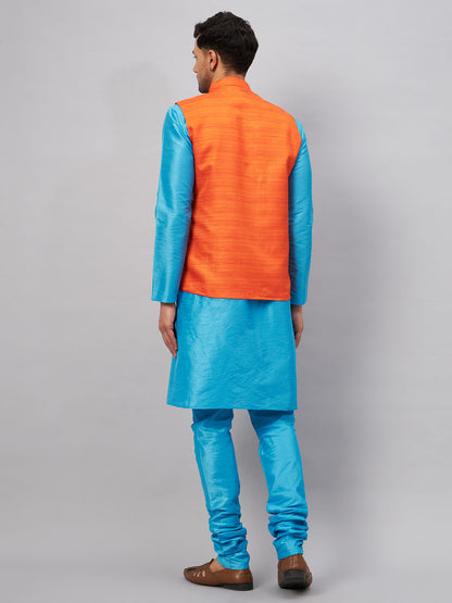 Men's Aqua Silk Blend Straight Jacket  Kurta and Pyjama Set