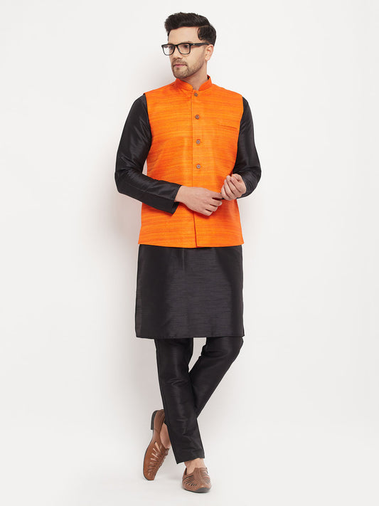 Men's Black Silk Blend Straight Jacket  Kurta and Pyjama Set