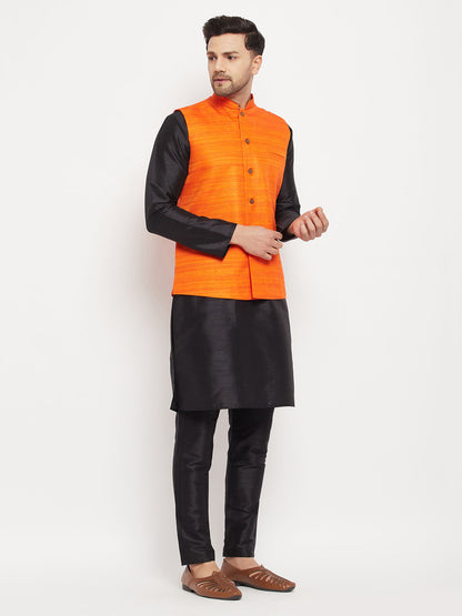 Men's Black Silk Blend Straight Jacket  Kurta and Pyjama Set
