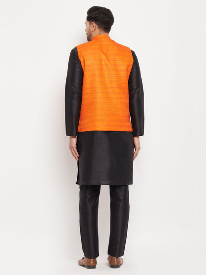 Men's Black Silk Blend Straight Jacket  Kurta and Pyjama Set