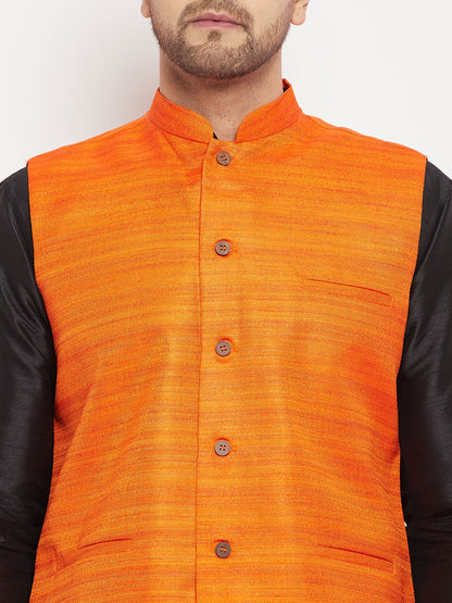 Men's Black Silk Blend Straight Jacket  Kurta and Pyjama Set