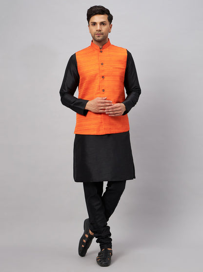 Men's Black Silk Blend Straight Jacket  Kurta and Pyjama Set