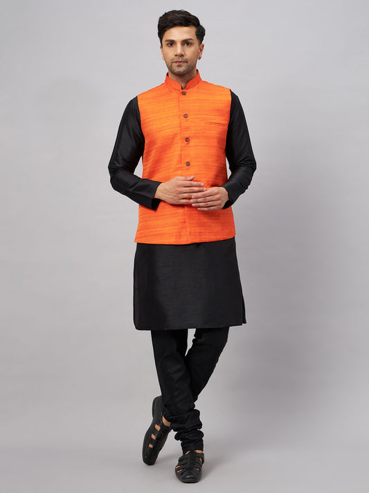 Men's Black Silk Blend Straight Jacket  Kurta and Pyjama Set