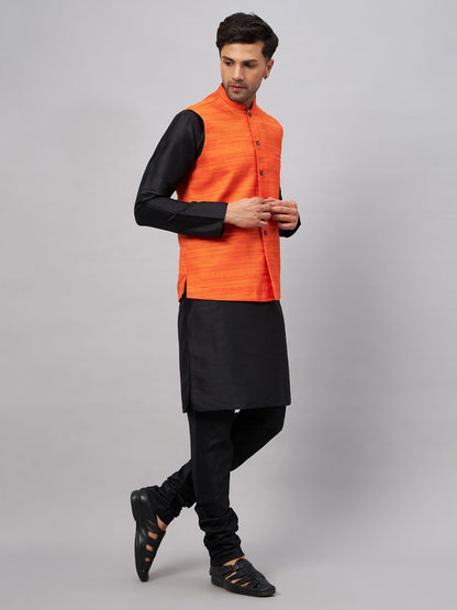 Men's Black Silk Blend Straight Jacket  Kurta and Pyjama Set