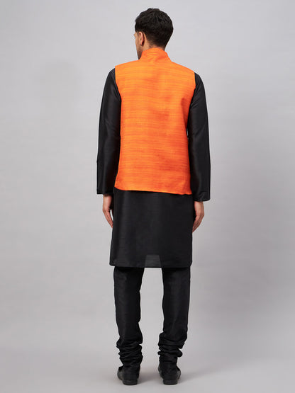 Men's Black Silk Blend Straight Jacket  Kurta and Pyjama Set