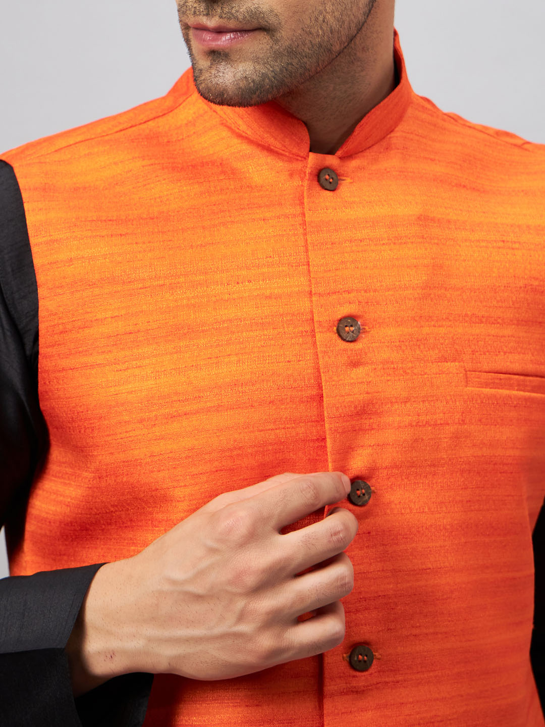 Men's Black Silk Blend Straight Jacket  Kurta and Pyjama Set
