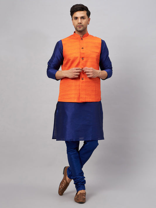 Men's Blue Silk Blend Straight Jacket  Kurta and Pyjama Set