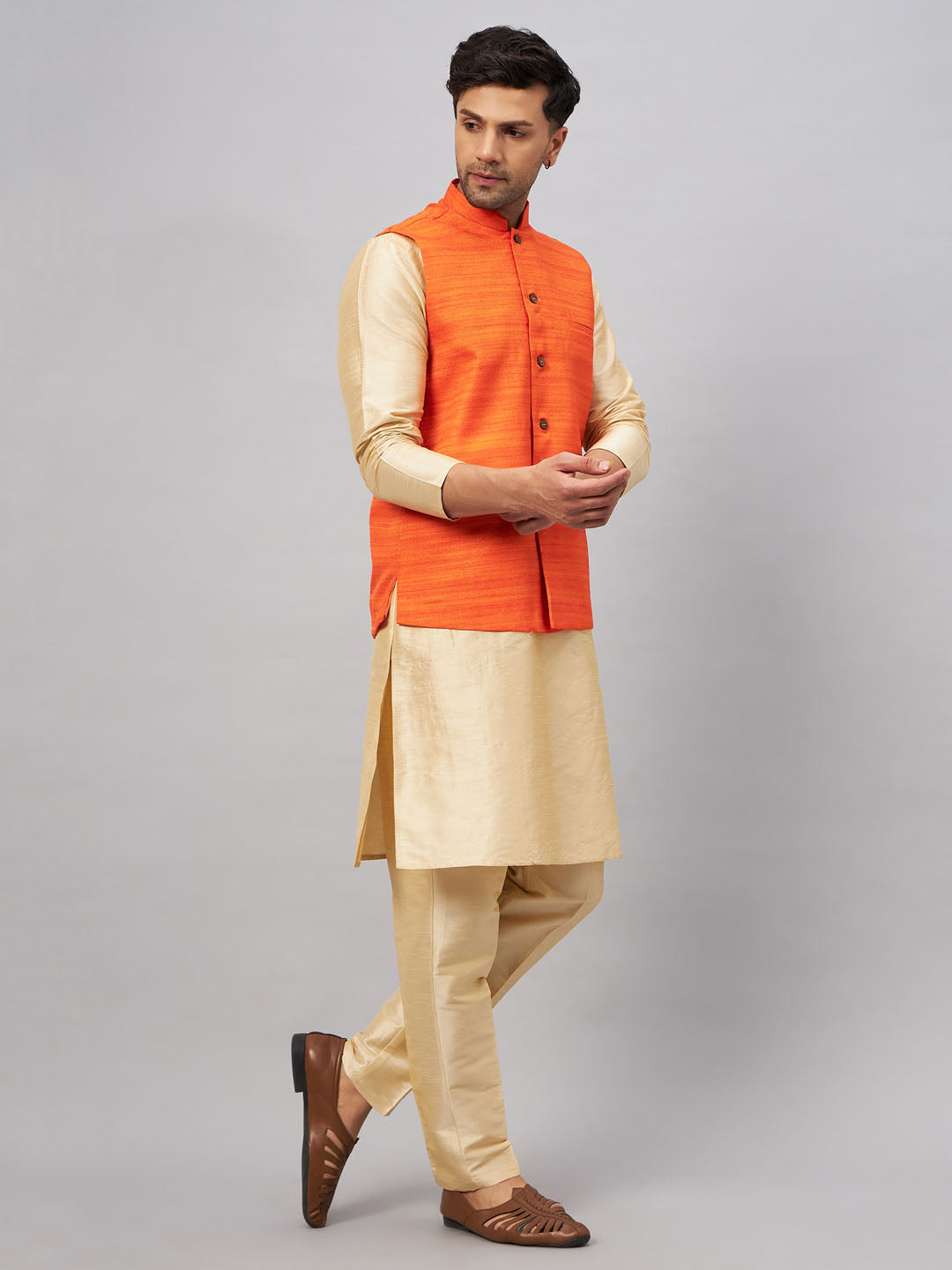 Men's Gold Silk Blend Straight Jacket  Kurta and Pyjama Set