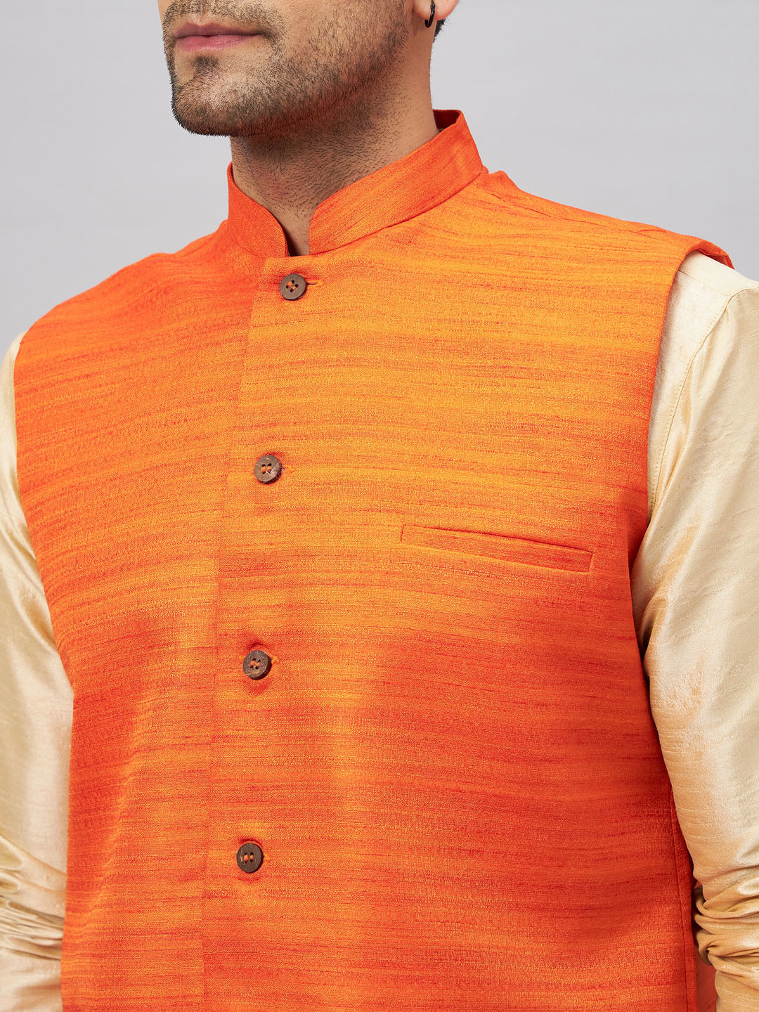 Men's Gold Silk Blend Straight Jacket  Kurta and Pyjama Set