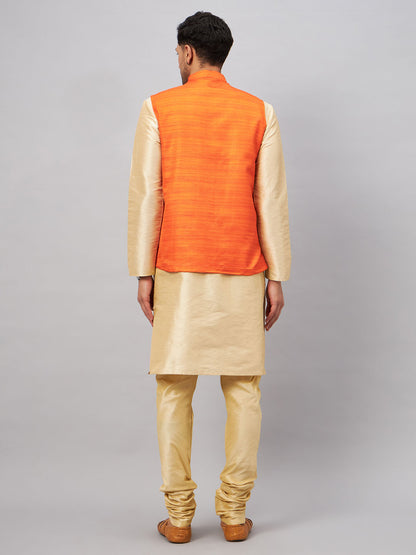 Men's Gold Silk Blend Straight Jacket  Kurta and Pyjama Set