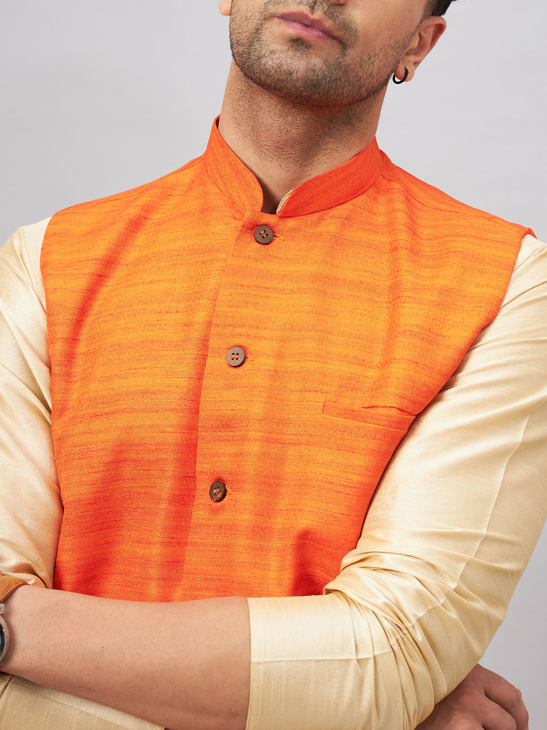 Men's Gold Silk Blend Straight Jacket  Kurta and Pyjama Set